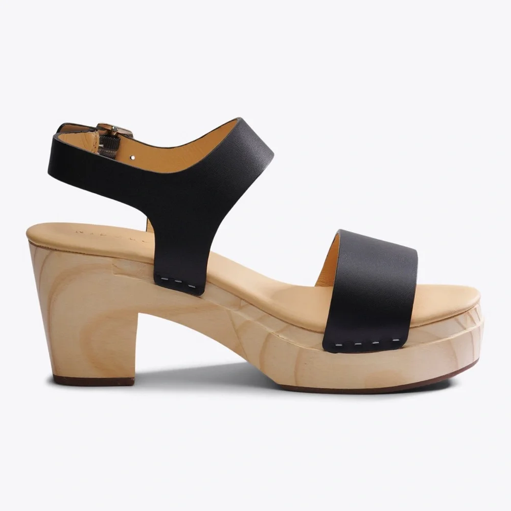 Nisolo Black Leather Platform Sandal with Wood Heel